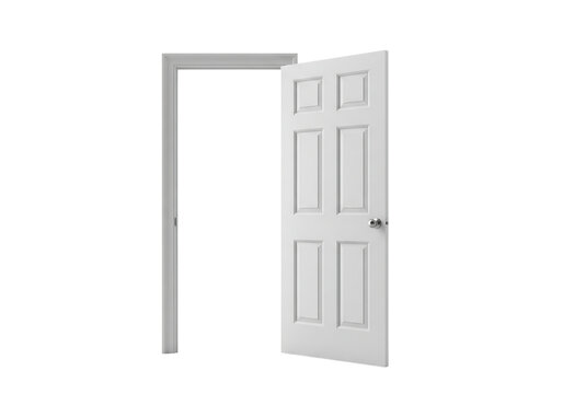 A classic white six panel interior door and frame standing wide open. Isolated on transparent background, png