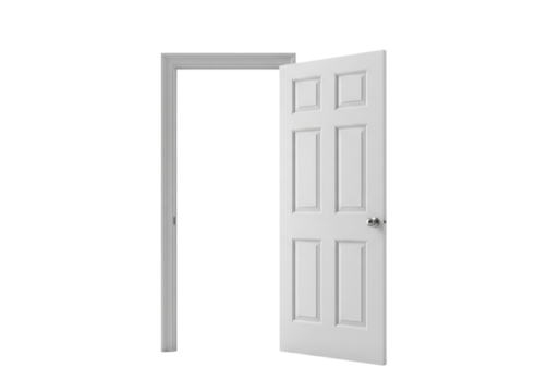 A classic white six panel interior door and frame standing wide open. Isolated on transparent background, png