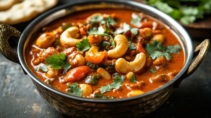 Vibrant close-up view of a steaming circular bowl of traditional Indian cashew curry