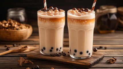 Vibrant refreshing bubble tea beverage featuring creamy milk tea and chewy tapioca pearls in an inviting modern setting
