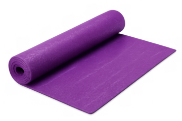 Purple yoga mat partially unrolling, clean surface waiting for wellness practice, blank studio backdrop