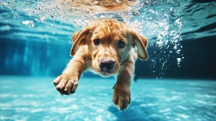 Vibrant underwater scene of a playful golden puppy joyfully splashing in a pool
