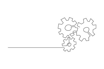 Continuous line art depicting gears interlocking It shows interconnectedness and mechanics White backdrop