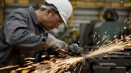Skilled craftsman wearing safety gear and gloves uses an angle grinder to shape metal creating a shower of bright sparks in a factory setting - Powered by Adobe