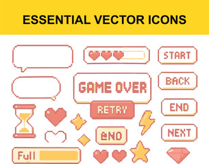 Pixel art game interface elements with hearts and buttons