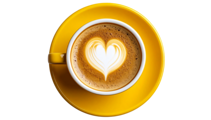 A topdown view of a yellow cup filled with latte coffee, featuring a heart shape made from foam, isolated on a transparent background png file 