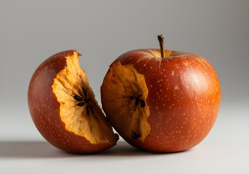 Two halves of a bitten red apple with visible pulp - Powered by Adobe