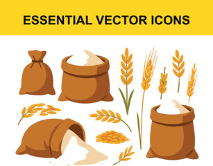Wheat grain and flour sacks vector icons