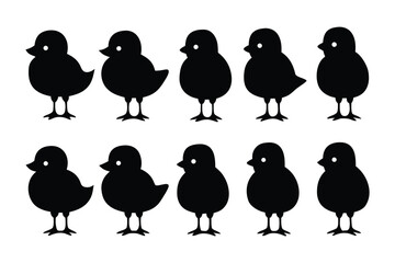 A collection of diverse chicken silhouettes showcasing various poses and breeds against a clean white background