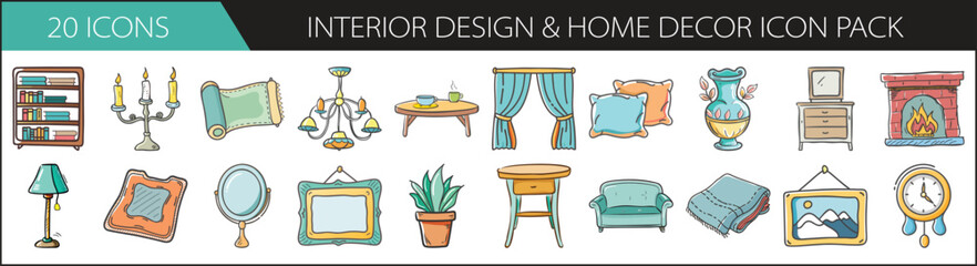 Interior Design and Home Decor Doodle Icon Set - Chic hand-drawn icon pack featuring furniture, lighting, plants, and decorative elements—perfect for interior design, home blogs, and decor projects.
