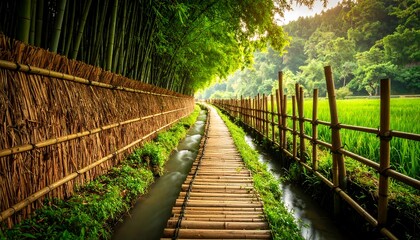 Wooden path through a bamboo forest and rice paddy