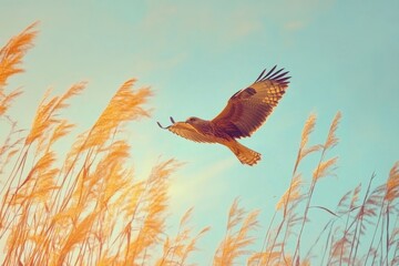 Marsh harrier soaring above golden reeds in the wild at sunset, Marsh harrier circus aeruginosus in the wild Slow motion