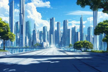 Futuristic cityscape showcasing advanced digital technology in a vibrant metaverse environment during daylight, ed metaverse digital technology data cyberspace city road background