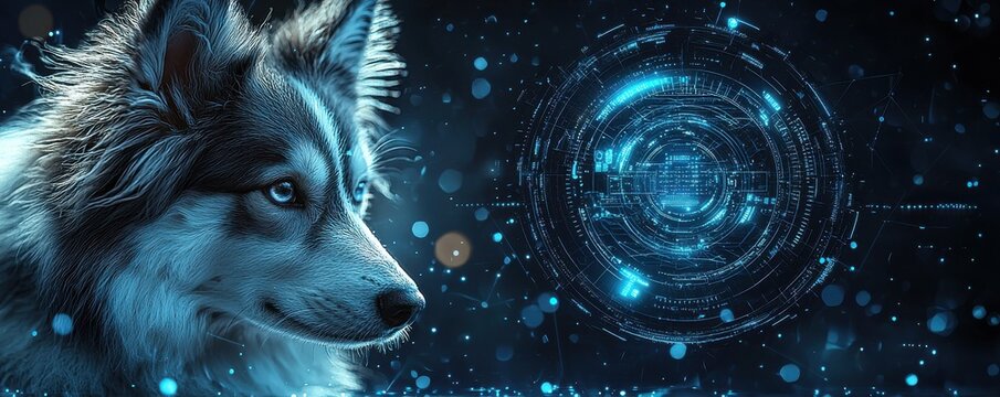 Border collie with futuristic blue digital interface background in technology theme