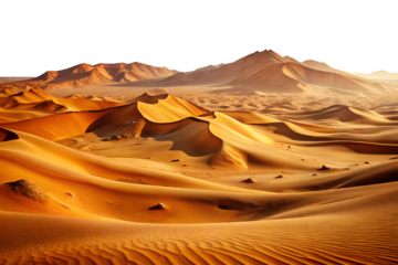 Golden desert dunes and mountains bathed in warm sunlight under a vast sky isolated on transparent background