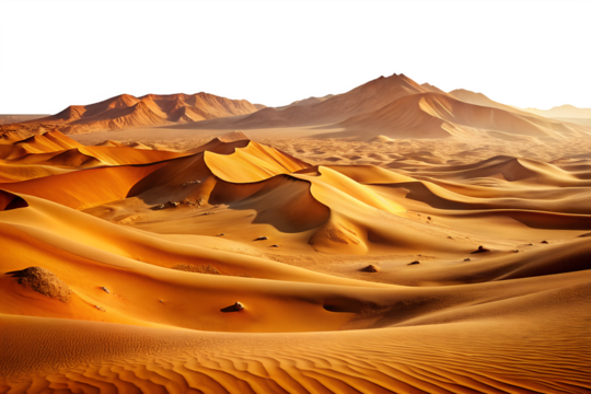 Golden desert dunes and mountains bathed in warm sunlight under a vast sky isolated on transparent background