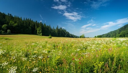 serene meadow with wildflowers under a clear blue sky and dense forest horizon