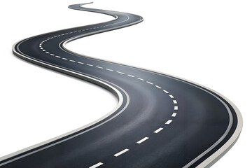 A winding asphalt road with white dashed lines curves into the distance on a transparent background