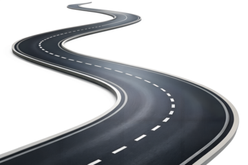 A winding asphalt road with white dashed lines curves into the distance on a transparent background