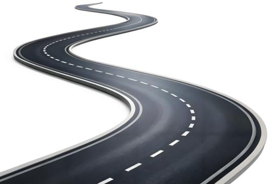 A winding asphalt road with white dashed lines curves into the distance on a transparent background