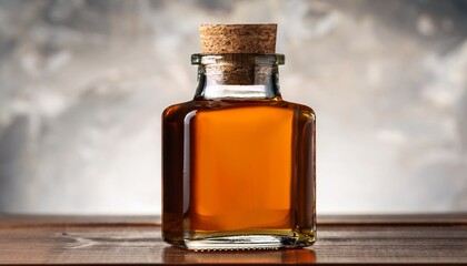 full bottle of amber liquid in a clear square shaped glass bottle with a wooden cork