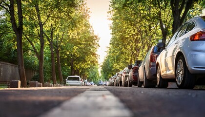 tree lined street with cars parked on both sides soft shallow focus