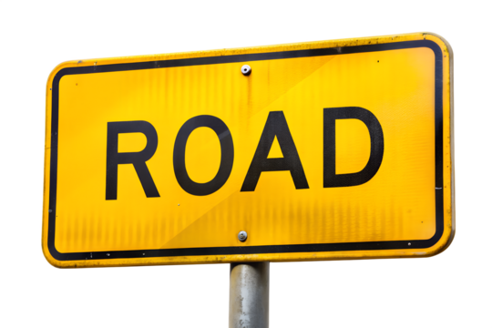 A yellow rectangular road sign with black lettering, isolated on a transparent background - Powered by Adobe