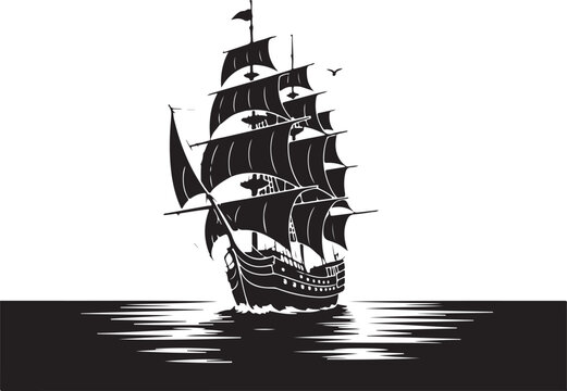 Black sailing ship on water with bird black and white ocean