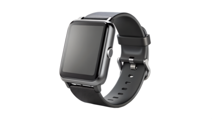 A modern black smartwatch with a leather strap is displayed on a transparent background