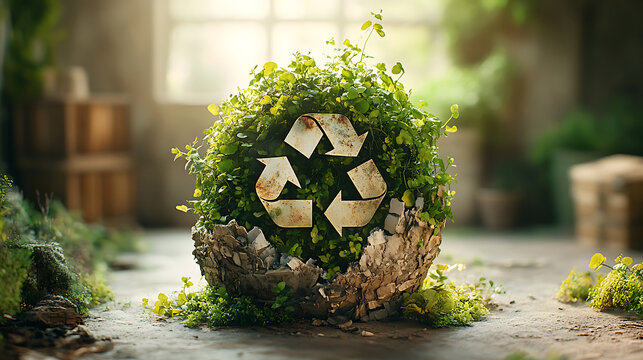 Eco-friendly recycling concept with lush green plants for sustainable future