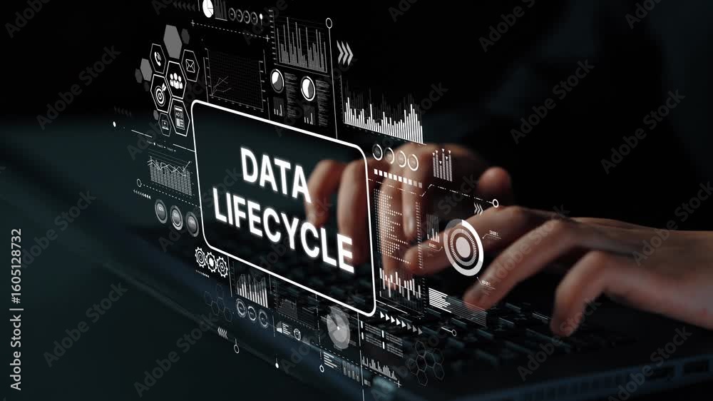 Poster hands typing on laptop with data lifecycle concept and digital interface graphic displaying informat
