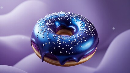 Luxurious Galactic Donut: A Sweet Treat Adorned with Deep Blue Glaze and Sparkling Silver Sprinkles
