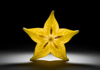 Yellow starfruit slice backlit on dark background carambola