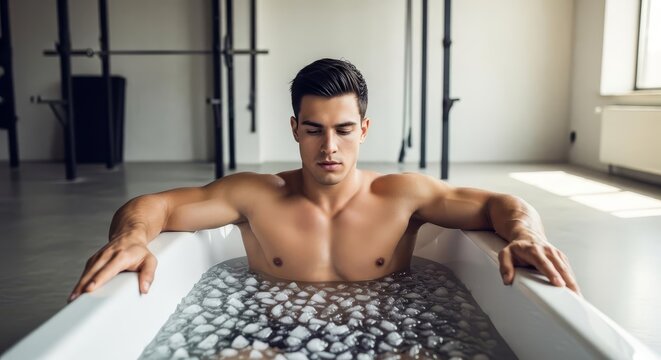 A young Caucasian man with dark hair sits in an ice bath filled with ice cubes. The setting is a modern spa with a minimalist design.