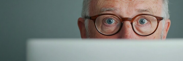 Stressed senior manager with eyeglasses hiding behind laptop having problems with deadline stress and time management, suffering from computer vision syndrome, experiencing burnout, working late