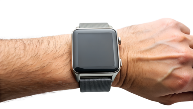 Closeup of a mans wrist wearing a modern smartwatch with a dark screen, isolated on a transparent background