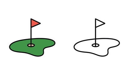 Golf Course Green with Flag Illustration and Black and White Outline Version Side by Side