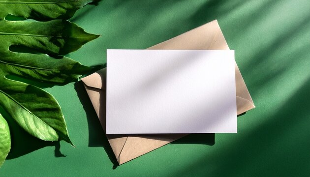 blank paper card and envelope floral leaves sun light shadow on green background mock up with copy space - Powered by Adobe