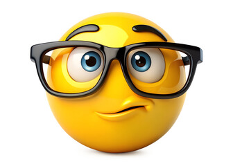 A clever emoji with glasses, appearing contemplative, isolated on transparent background