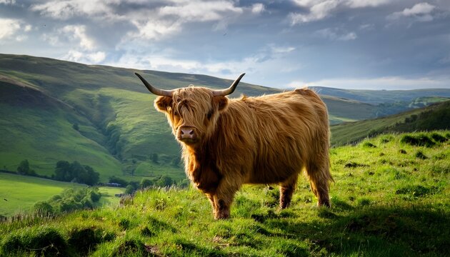 highland cow standing in a lush hilly countryside pasture - Powered by Adobe