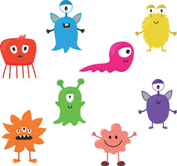 Cute cartoon set of monsters. Funny aliens in childish style isolated on white background. Vector flat design illustration.