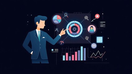 Businessman analyzing complex data and charts on a futuristic digital interface