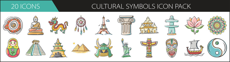 Cultural Symbols and Heritage Doodle Icon Set - Hand-drawn icon pack representing global culture, tradition, architecture, and spirituality—ideal for educational, travel, and heritage-themed content.

