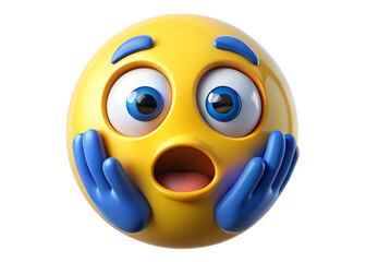 A shocked and surprised yellow emoji with wide eyes and an open mouth, holding its hands to its face, isolated on transparent background