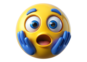A shocked and surprised yellow emoji with wide eyes and an open mouth, holding its hands to its face, isolated on transparent background