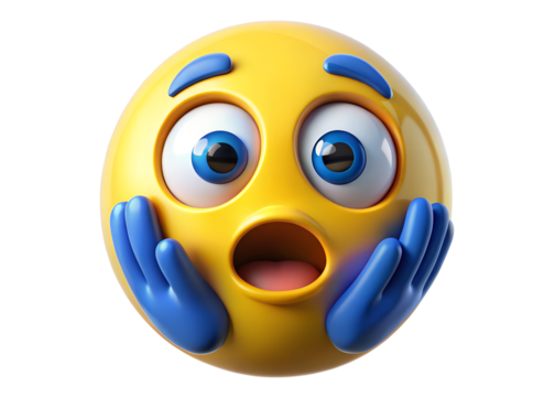 A shocked and surprised yellow emoji with wide eyes and an open mouth, holding its hands to its face, isolated on transparent background - Powered by Adobe