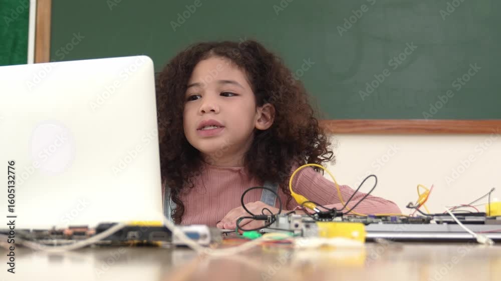 Poster attractive african student programing system while looking at camera. american girl working on her l