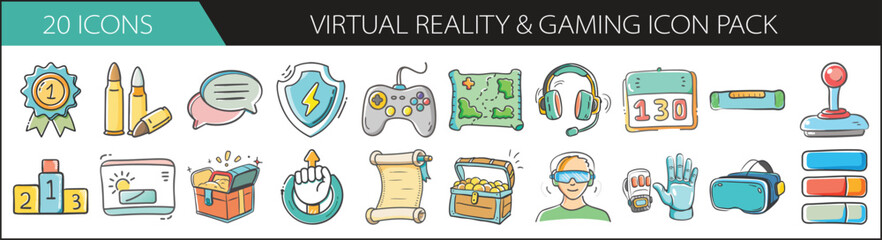 Virtual Reality and Gaming Doodle Icon Set - Hand-drawn icon pack featuring VR headsets, game controllers, avatars, and achievement elements—perfect for gaming apps, esports, and digital worlds.

