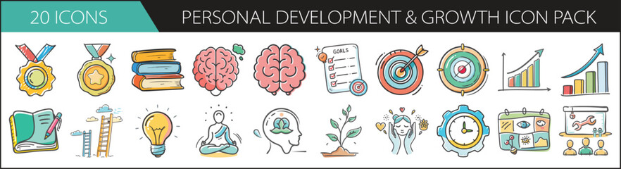 Personal Development and Growth Doodle Icon Set - Hand-drawn icon pack illustrating learning, goal-setting, mindfulness, and self-improvement—ideal for coaching, productivity, and motivational conten
