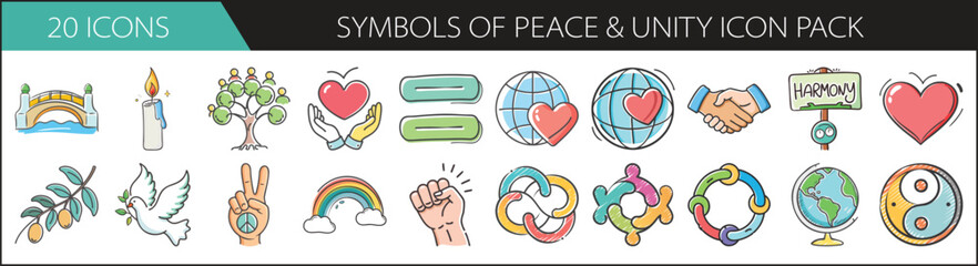 Symbols of Peace and Unity Doodle Icon Set - Heartfelt hand-drawn icon pack featuring love, equality, togetherness, and harmony symbols—great for social causes, activism, and wellness designs.